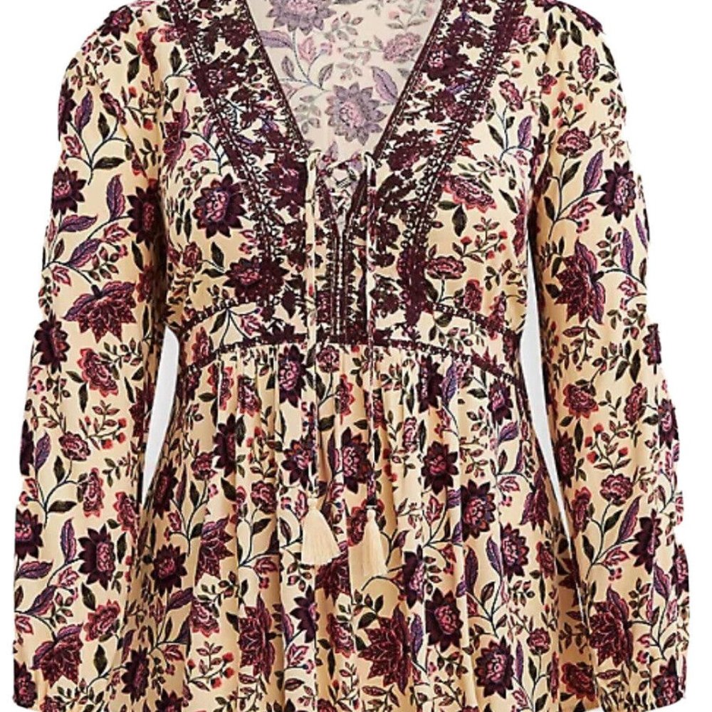 Torrid Sand Floral Embroidered Crepe Babydoll Lace-Up Top Blouse Size